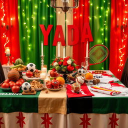 A beautifully decorated table for Yalda Night with a sports theme, showcasing elements symbolizing both the holiday and various sports