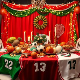 A beautifully decorated table for Yalda Night with a sports theme, showcasing elements symbolizing both the holiday and various sports