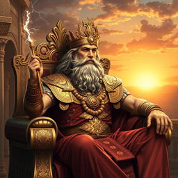 An imaginative portrayal of Zeus reimagined as a Persian god, adorned in intricate Persian-style armor with golden accents and elaborate patterns
