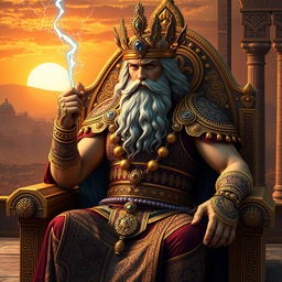 An imaginative portrayal of Zeus reimagined as a Persian god, adorned in intricate Persian-style armor with golden accents and elaborate patterns