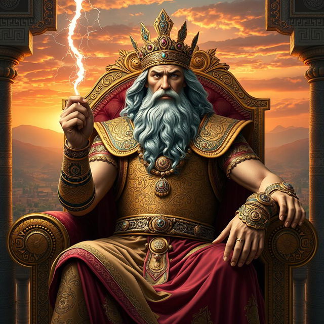 An imaginative portrayal of Zeus reimagined as a Persian god, adorned in intricate Persian-style armor with golden accents and elaborate patterns