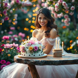 A romantic scene featuring an elegant woman with an enchanting smile, exuding charm and grace