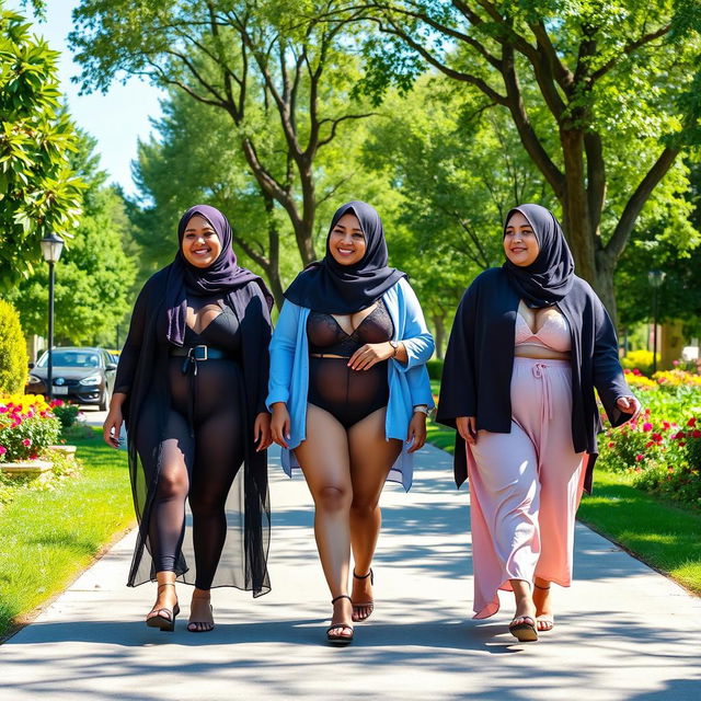 Three plus-size women wearing hijabs and transparent lingerie, walking gracefully in a public park with lush greenery and colorful flowers