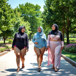 Three plus-size women wearing hijabs and transparent lingerie, walking gracefully in a public park with lush greenery and colorful flowers