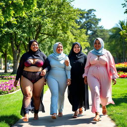 Three plus-size women wearing hijabs and transparent lingerie, walking gracefully in a public park with lush greenery and colorful flowers