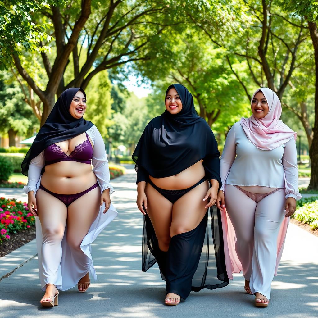 Three plus-size women wearing hijabs and transparent lingerie, walking gracefully in a public park with lush greenery and colorful flowers