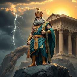 A majestic representation of an ancient Persian-inspired Zeus, richly adorned in regal robes that blend elements of Persian and Greek styles