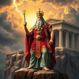 A majestic representation of an ancient Persian-inspired Zeus, richly adorned in regal robes that blend elements of Persian and Greek styles