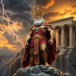 A majestic representation of an ancient Persian-inspired Zeus, richly adorned in regal robes that blend elements of Persian and Greek styles