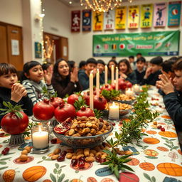A beautifully decorated table for Yalda Night in a sports education setting, featuring vibrant pomegranates, nuts, and dried fruits showcasing traditional Persian motifs