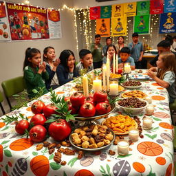 A beautifully decorated table for Yalda Night in a sports education setting, featuring vibrant pomegranates, nuts, and dried fruits showcasing traditional Persian motifs