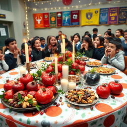 A beautifully decorated table for Yalda Night in a sports education setting, featuring vibrant pomegranates, nuts, and dried fruits showcasing traditional Persian motifs
