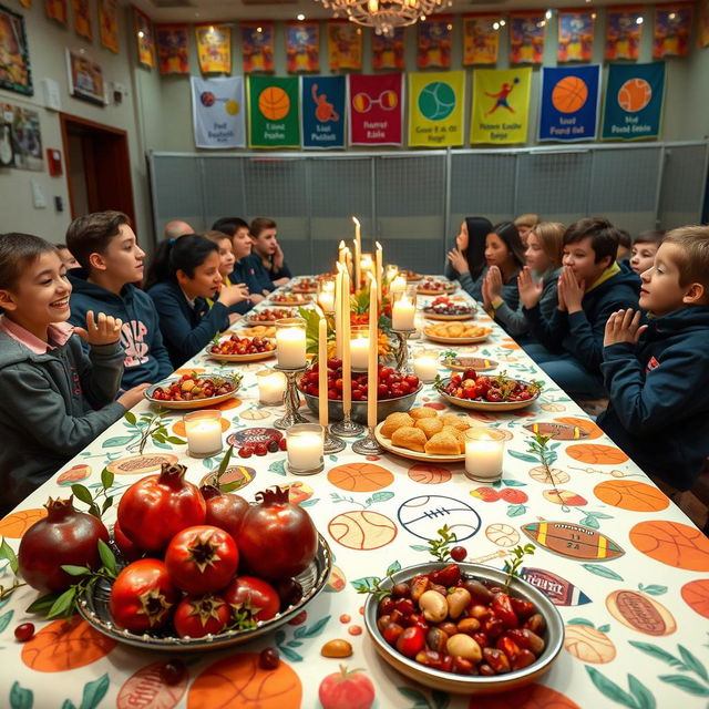 A beautifully decorated table for Yalda Night in a sports education setting, featuring vibrant pomegranates, nuts, and dried fruits showcasing traditional Persian motifs