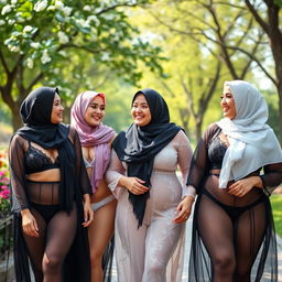 Three curvy women wearing hijabs and sheer lingerie outfits, walking in a public park