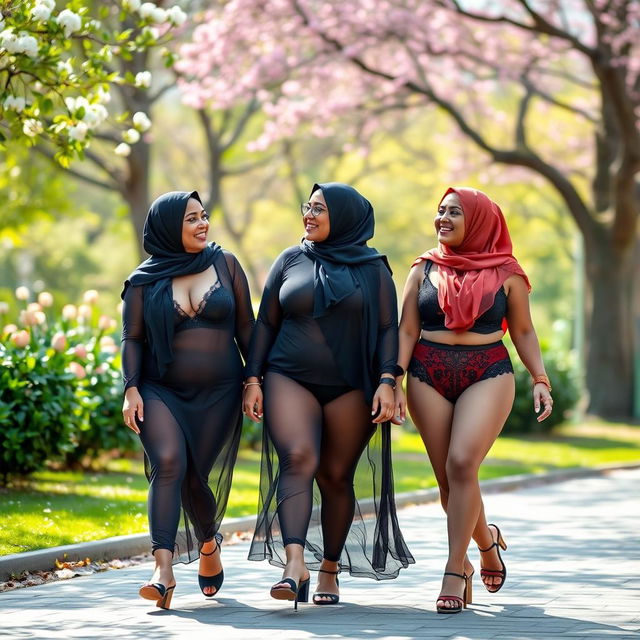 Three curvy women wearing hijabs and sheer lingerie outfits, walking in a public park