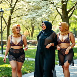 Three curvy women wearing hijabs and sheer lingerie outfits, walking in a public park
