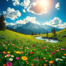A vibrant and colorful fantasy landscape featuring a lush, green meadow dotted with wildflowers in various hues
