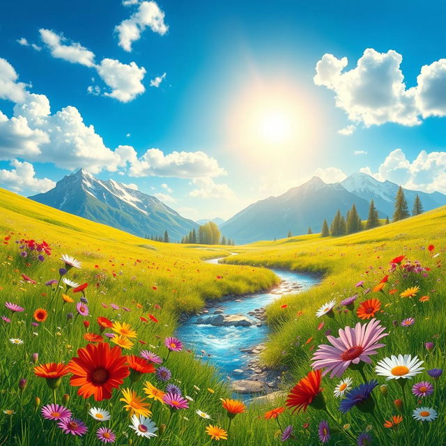 A vibrant and colorful fantasy landscape featuring a lush, green meadow dotted with wildflowers in various hues