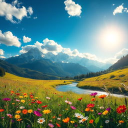 A vibrant and colorful fantasy landscape featuring a lush, green meadow dotted with wildflowers in various hues