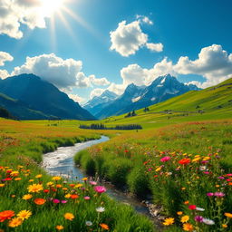 A vibrant and colorful fantasy landscape featuring a lush, green meadow dotted with wildflowers in various hues