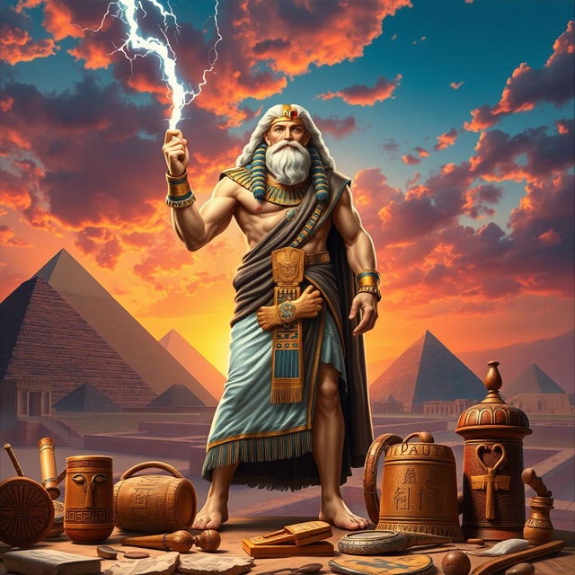 A highly detailed and vibrant depiction of Zeus in an ancient Egyptian setting