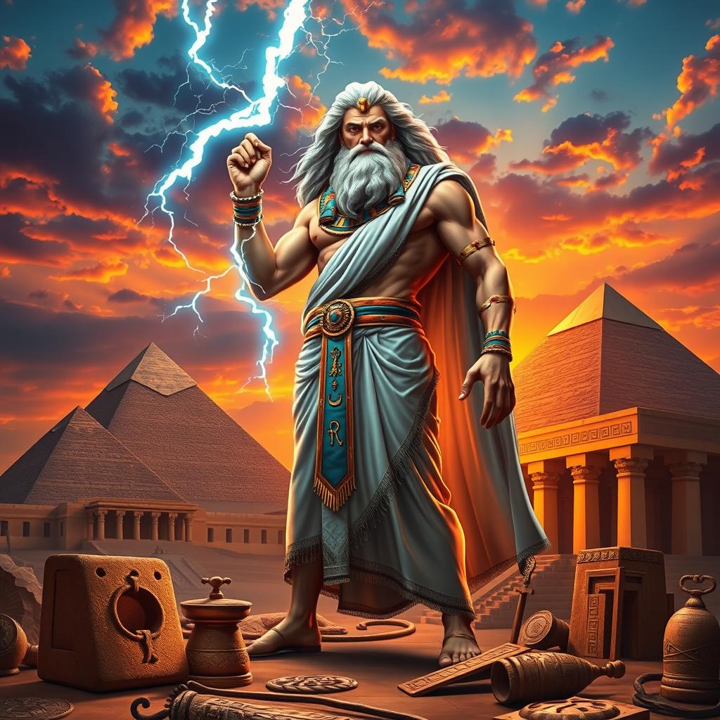 A highly detailed and vibrant depiction of Zeus in an ancient Egyptian setting