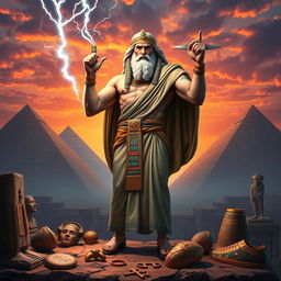 A highly detailed and vibrant depiction of Zeus in an ancient Egyptian setting
