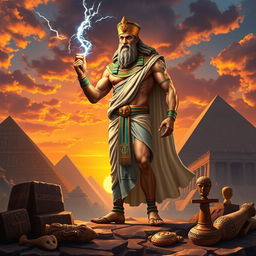 A highly detailed and vibrant depiction of Zeus in an ancient Egyptian setting