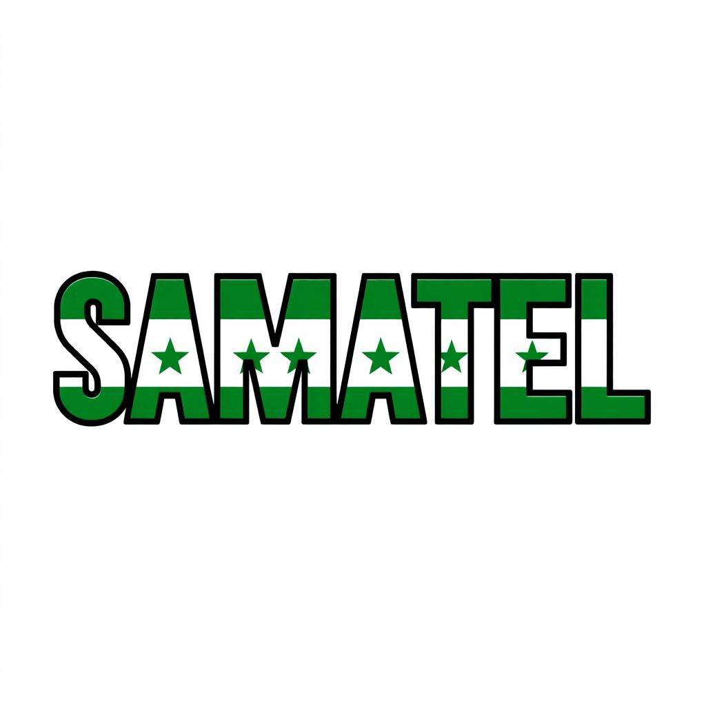 The word 'SAMATEL' artistically designed and colored using the green colors from the Syrian flag