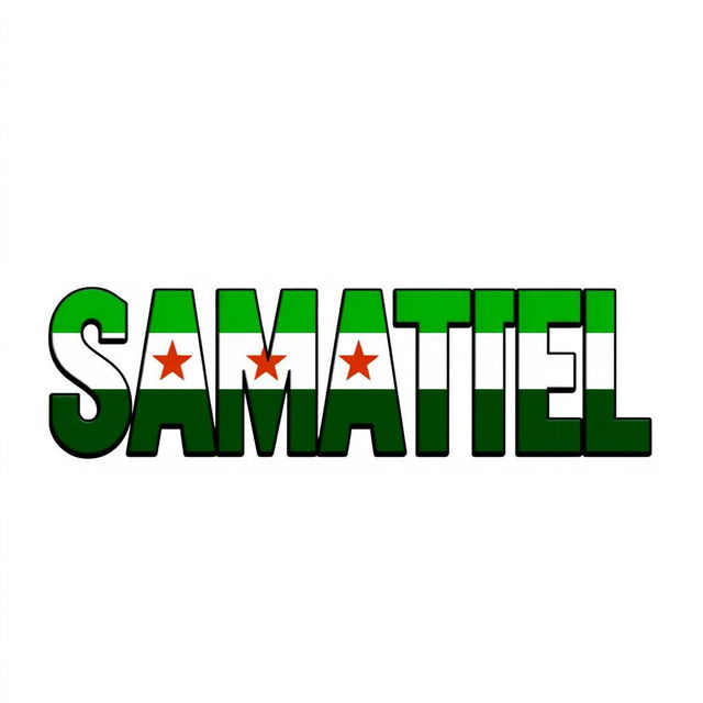 The word 'SAMATEL' artistically designed and colored using the green colors from the Syrian flag