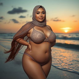 A voluptuous woman wearing a hijab and sheer lingerie stands on a picturesque beach