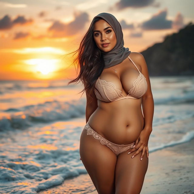 A voluptuous woman wearing a hijab and sheer lingerie stands on a picturesque beach