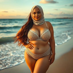 A voluptuous woman wearing a hijab and sheer lingerie stands on a picturesque beach