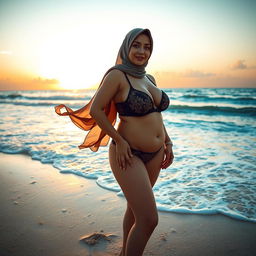 A voluptuous woman wearing a hijab and sheer lingerie stands on a picturesque beach