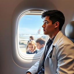 A young male doctor in a crisp white lab coat, sitting inside an airplane cabin, gazing out the window with a thoughtful expression