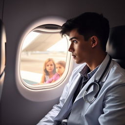 A young male doctor in a crisp white lab coat, sitting inside an airplane cabin, gazing out the window with a thoughtful expression