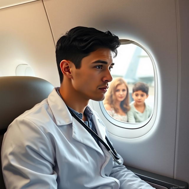 A young male doctor in a crisp white lab coat, sitting inside an airplane cabin, gazing out the window with a thoughtful expression