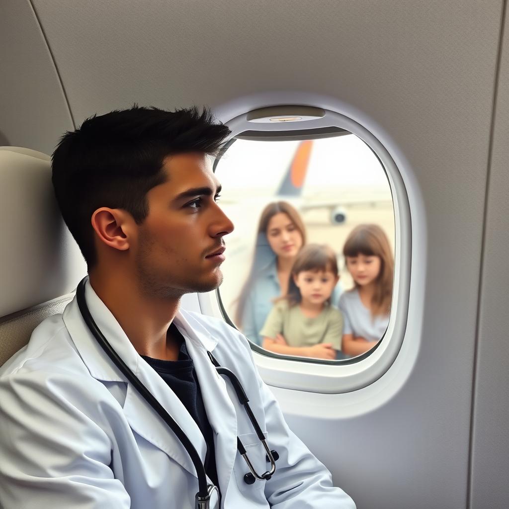 A young male doctor in a crisp white lab coat, sitting inside an airplane cabin, gazing out the window with a thoughtful expression