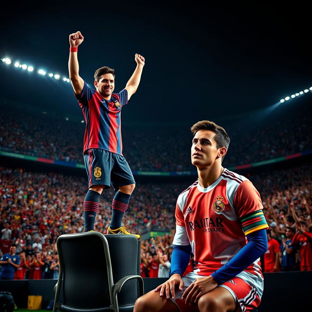 Lionel Messi standing triumphantly on a chair, exuding confidence and charisma, while Cristiano Ronaldo sits below in a despondent posture, tears rolling down his face