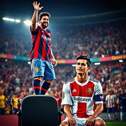 Lionel Messi standing triumphantly on a chair, exuding confidence and charisma, while Cristiano Ronaldo sits below in a despondent posture, tears rolling down his face