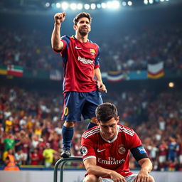Lionel Messi standing triumphantly on a chair, exuding confidence and charisma, while Cristiano Ronaldo sits below in a despondent posture, tears rolling down his face