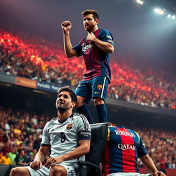 Lionel Messi standing triumphantly on a chair, exuding confidence and charisma, while Cristiano Ronaldo sits below in a despondent posture, tears rolling down his face