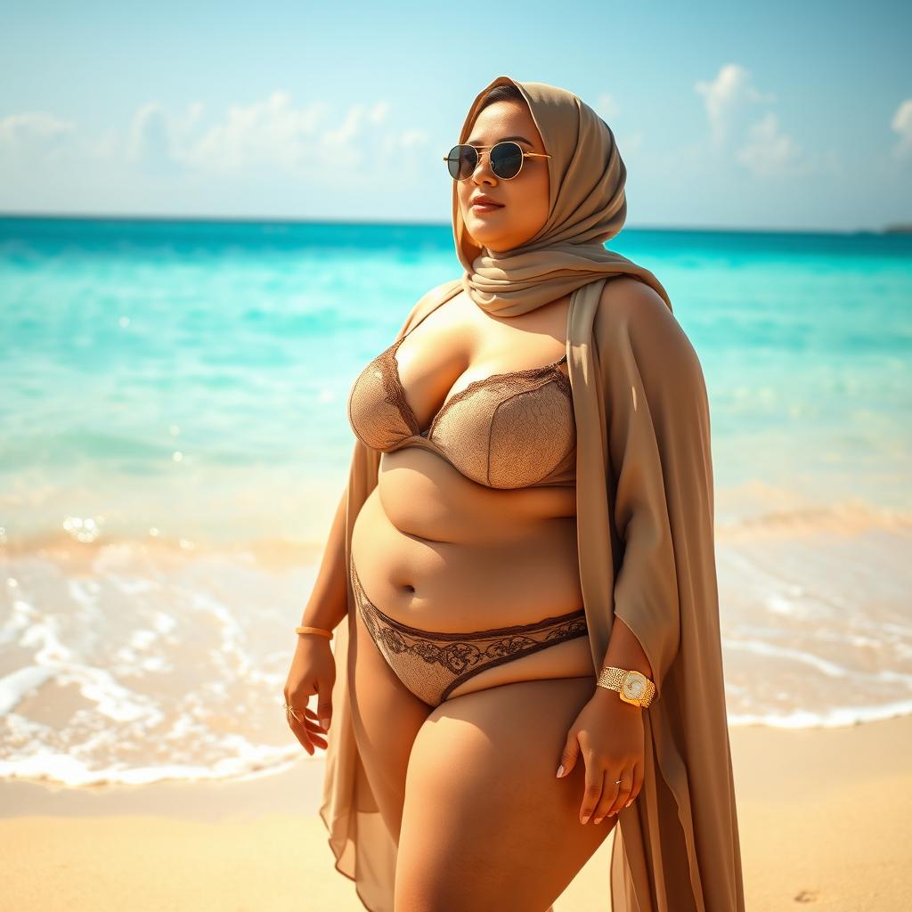 A plus-sized woman with very large breasts, wearing a hijab and lingerie, standing on a beautiful beach