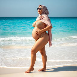 A plus-sized woman with very large breasts, wearing a hijab and lingerie, standing on a beautiful beach