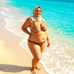 A plus-sized woman with very large breasts, wearing a hijab and lingerie, standing on a beautiful beach
