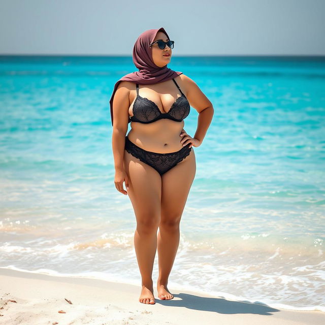 A plus-sized woman with very large breasts, wearing a hijab and lingerie, standing on a beautiful beach