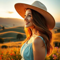 A beautiful outdoor scene at sunset with a picturesque landscape featuring rolling hills, a few trees, and vibrant wildflowers