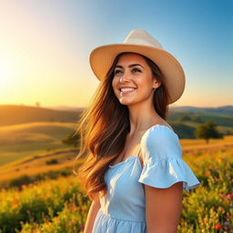 A beautiful outdoor scene at sunset with a picturesque landscape featuring rolling hills, a few trees, and vibrant wildflowers