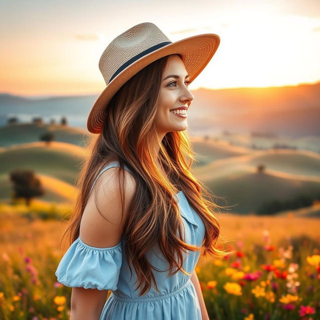 A beautiful outdoor scene at sunset with a picturesque landscape featuring rolling hills, a few trees, and vibrant wildflowers