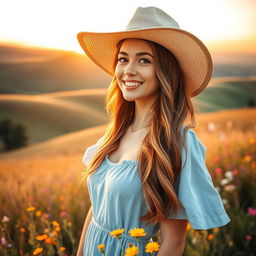 A beautiful outdoor scene at sunset with a picturesque landscape featuring rolling hills, a few trees, and vibrant wildflowers